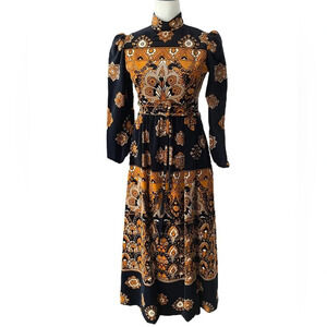 Malcolm Starr By Rizkallah Rare 70s Black Velvet Graphic Boho Maxi Dress Gown